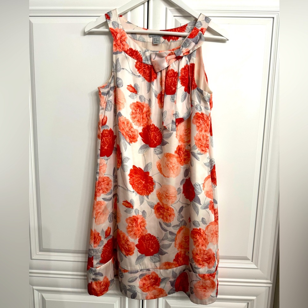 H&M Size 10 Sleeveless Scoop Neck Pink/Red Rose Print Mini Dress w/ Bow at Neck